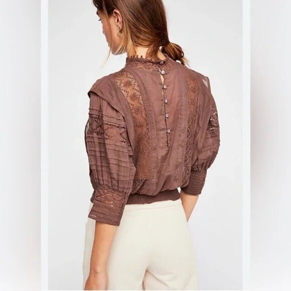 Free People One Sydney Blouse Semi-Sheer Crochet Accents Smocked Waist Sz S Moch - Picture 2 of 10